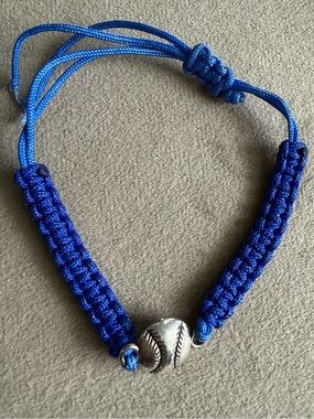 Handmade Blue Macrame Bracelet with Silver Baseball Charm